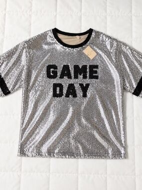 NWT Game Day Silver Sequin Football Top Size Small